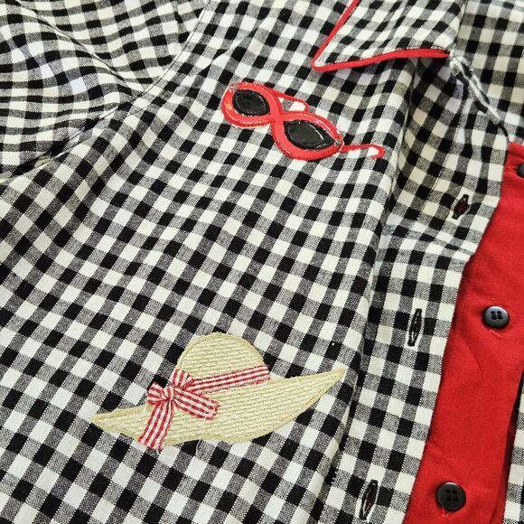 Vtg Lemon Grass Black Gingham Plaid Embroidered Picnic Button-Up Shirt Novelty S - Picture 10 of 12